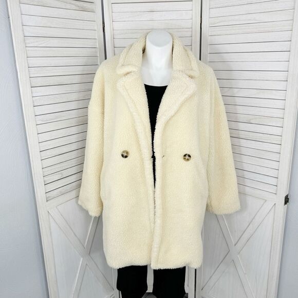 Pretty Little Thing Faux Sherpa Double Breasted Teddy Coat Cream 10 Borg Lapel - Picture 3 of 16